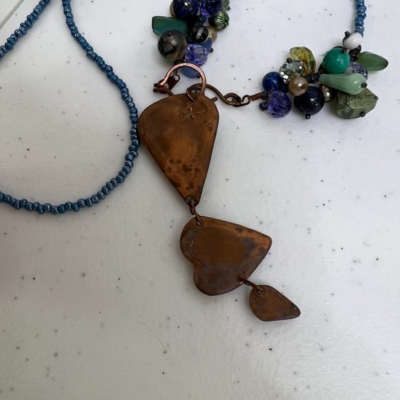 Beaded Necklace Heart Blue Chain Yellow Copper Tone Cluster Drop Dangle - Picture 6 of 9